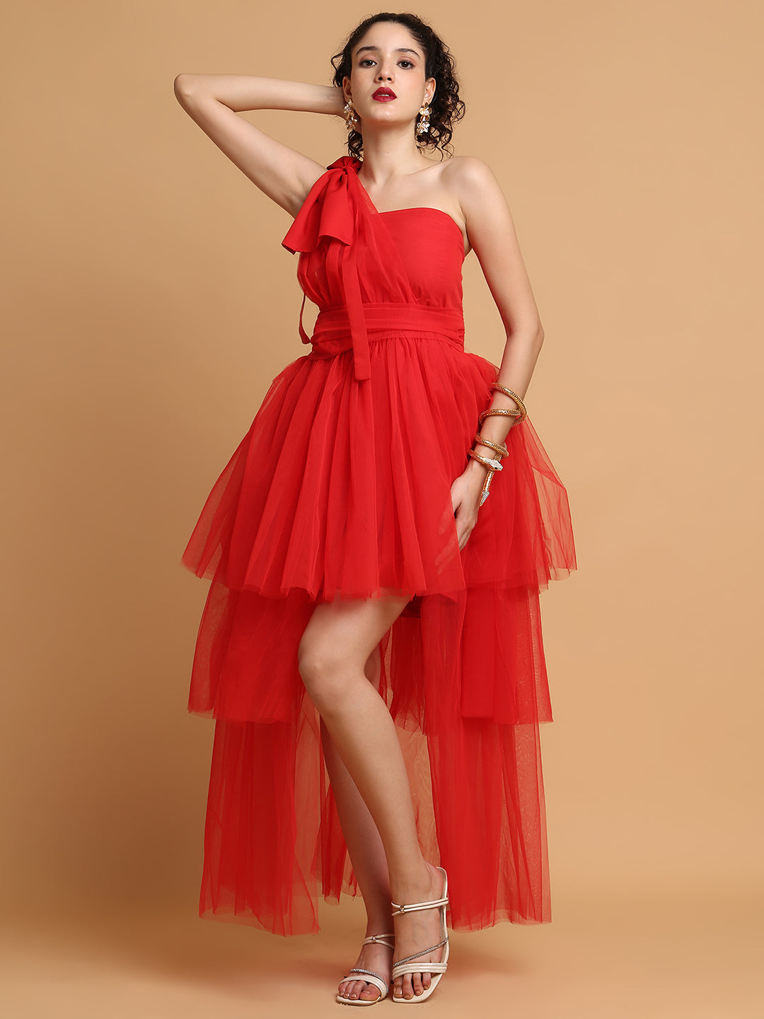 Blanc9 Women Red Tulle Dress With One Sleeves