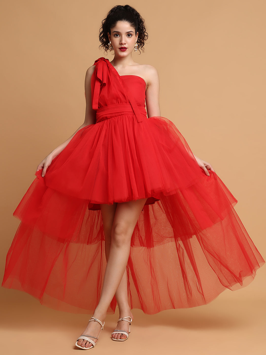 Blanc9 Women Red Tulle Dress With One Sleeves