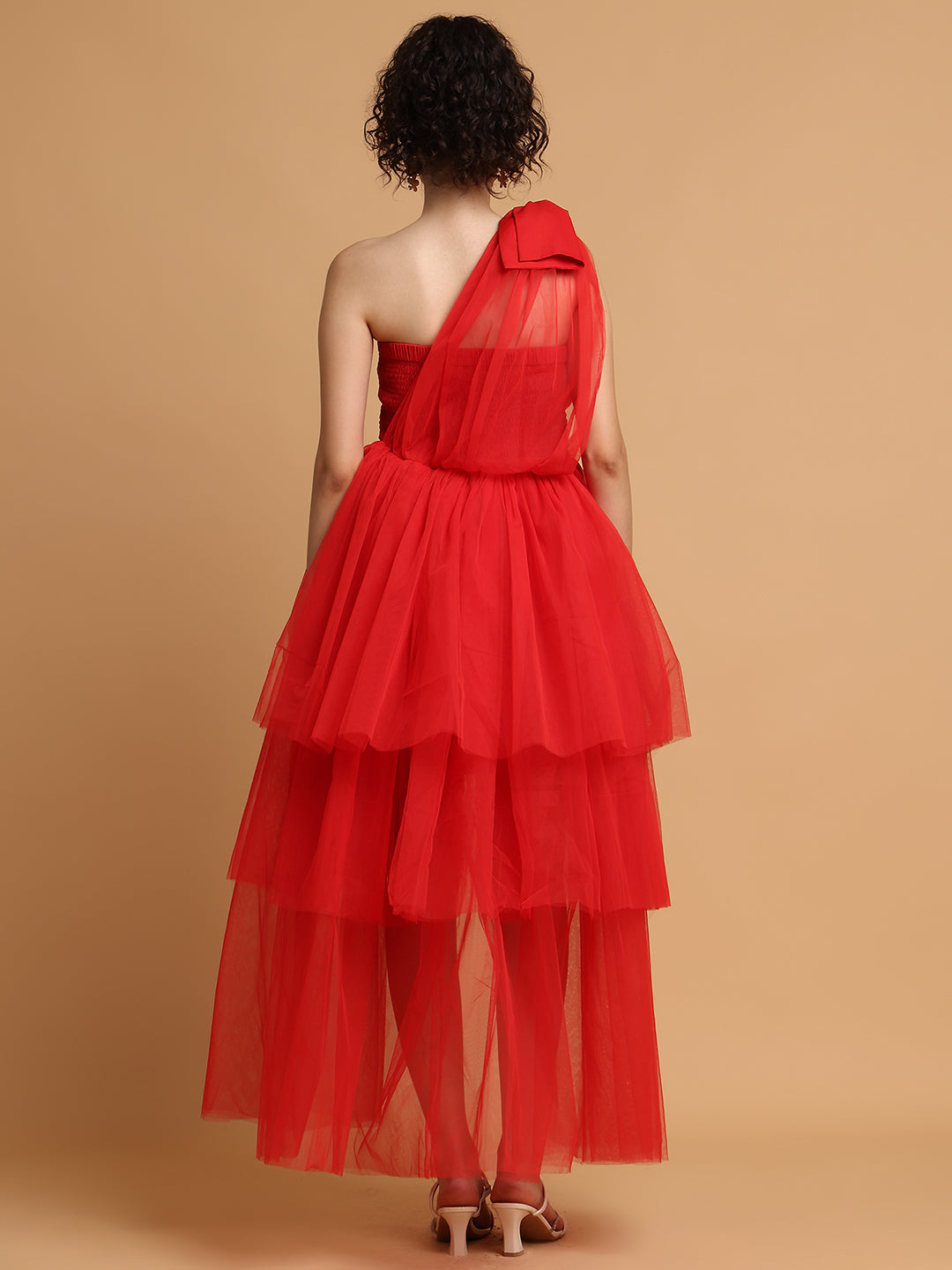Blanc9 Women Red Tulle Dress With One Sleeves