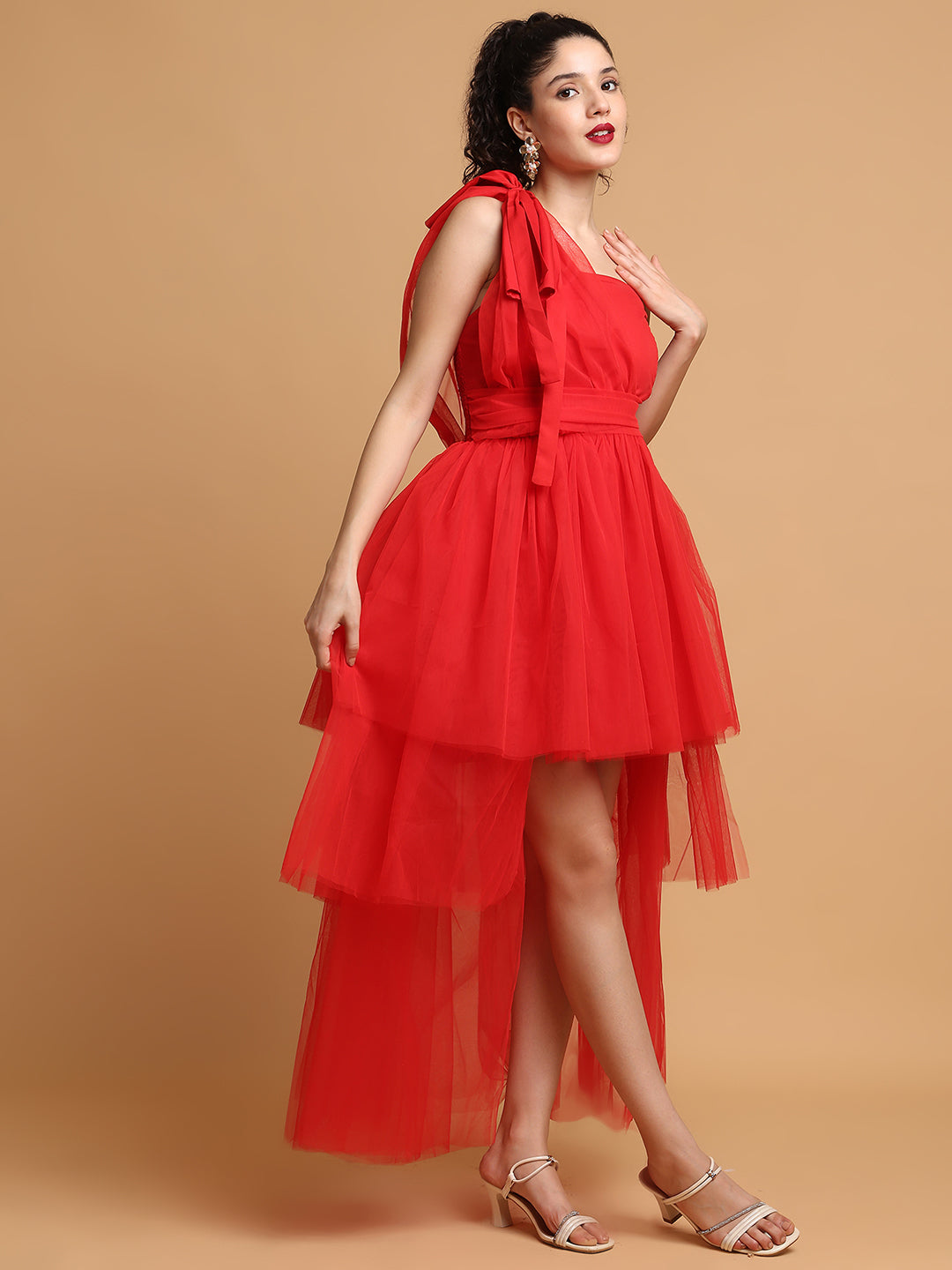 Blanc9 Women Red Tulle Dress With One Sleeves