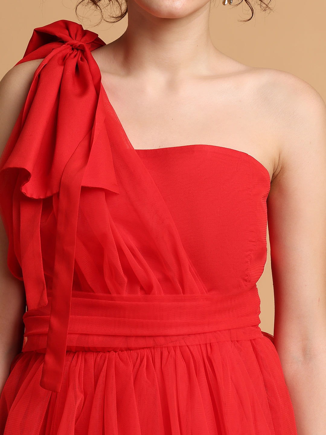 Blanc9 Women Red Tulle Dress With One Sleeves
