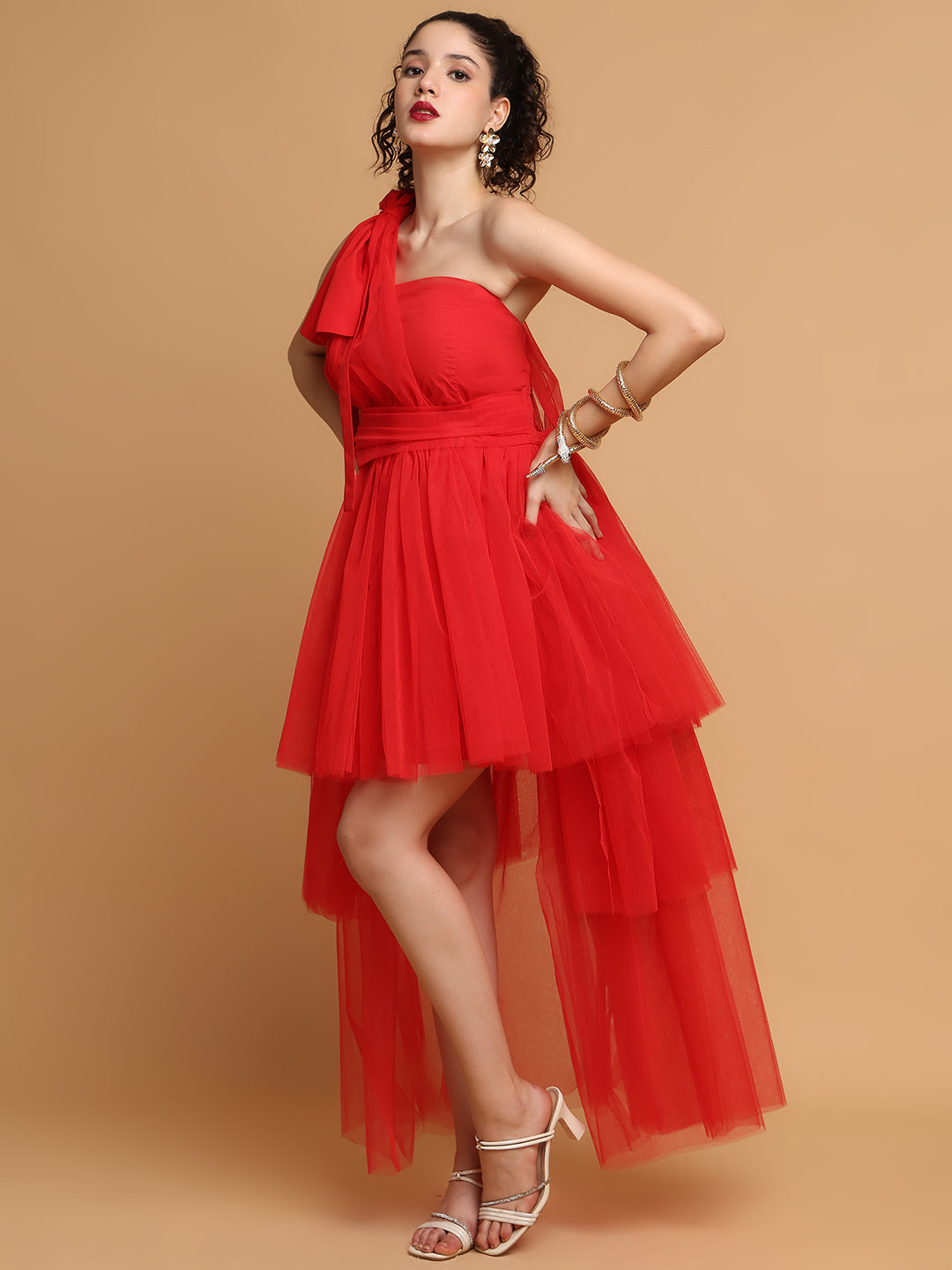 Blanc9 Women Red Tulle Dress With One Sleeves