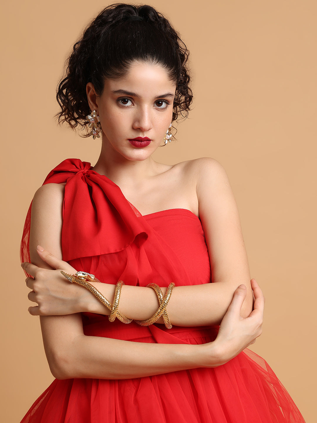 Blanc9 Women Red Tulle Dress With One Sleeves
