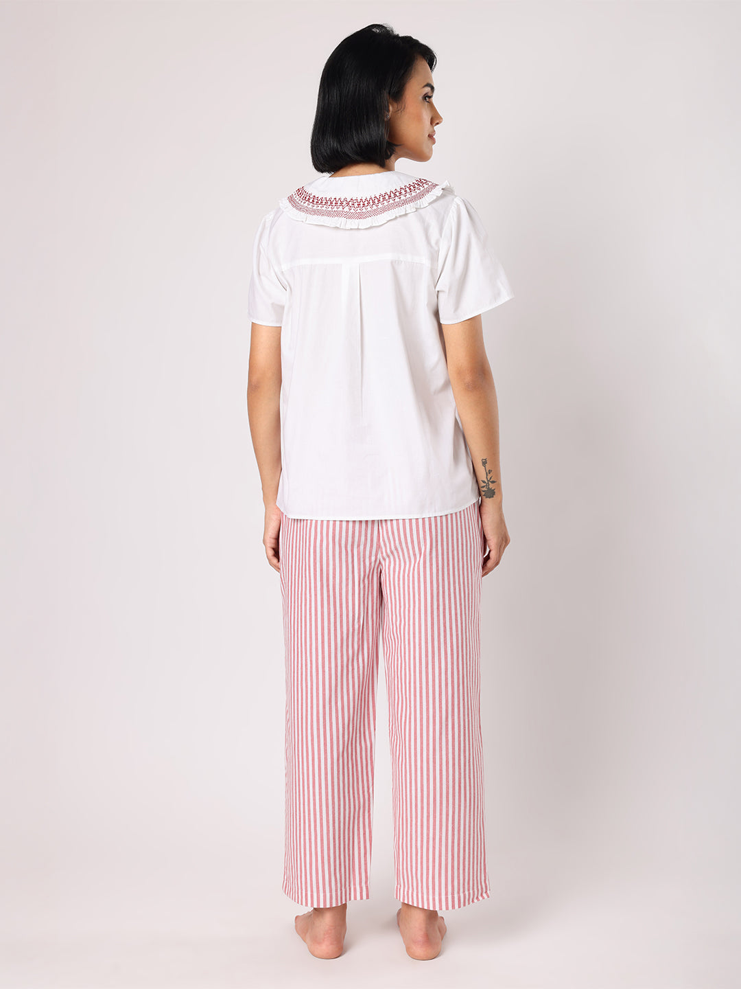Blanc9 Women Red & White Stripes Pyjama Set With Smocked Collar White Top