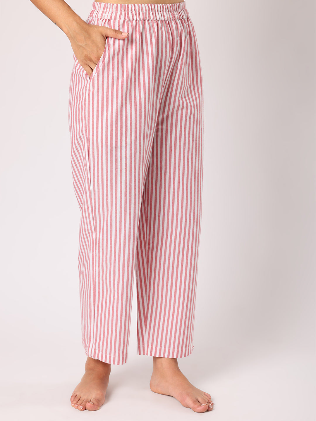 Blanc9 Women Red & White Stripes Pyjama Set With Smocked Collar White Top