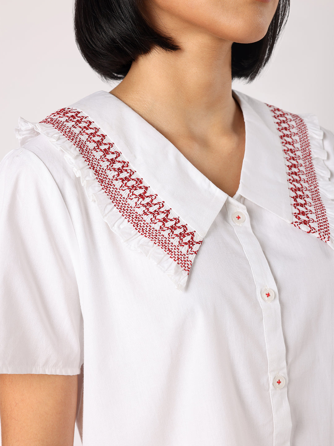 Blanc9 Women Red & White Stripes Pyjama Set With Smocked Collar White Top