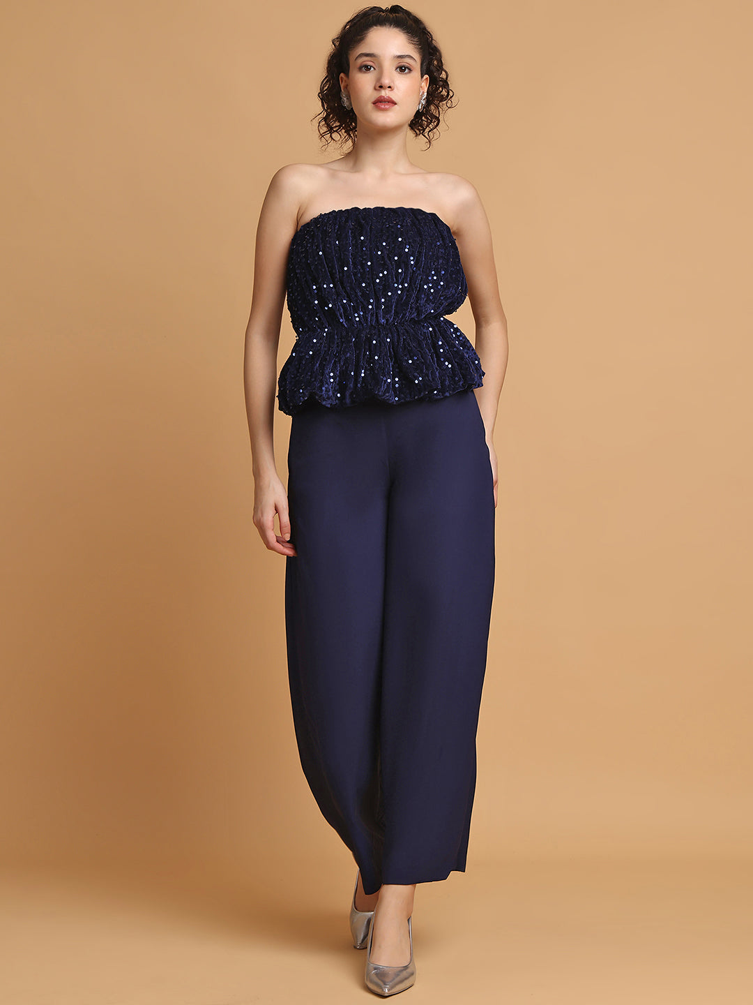 Blanc9 Women Sequinned Off-Shoulder Top With Trousers
