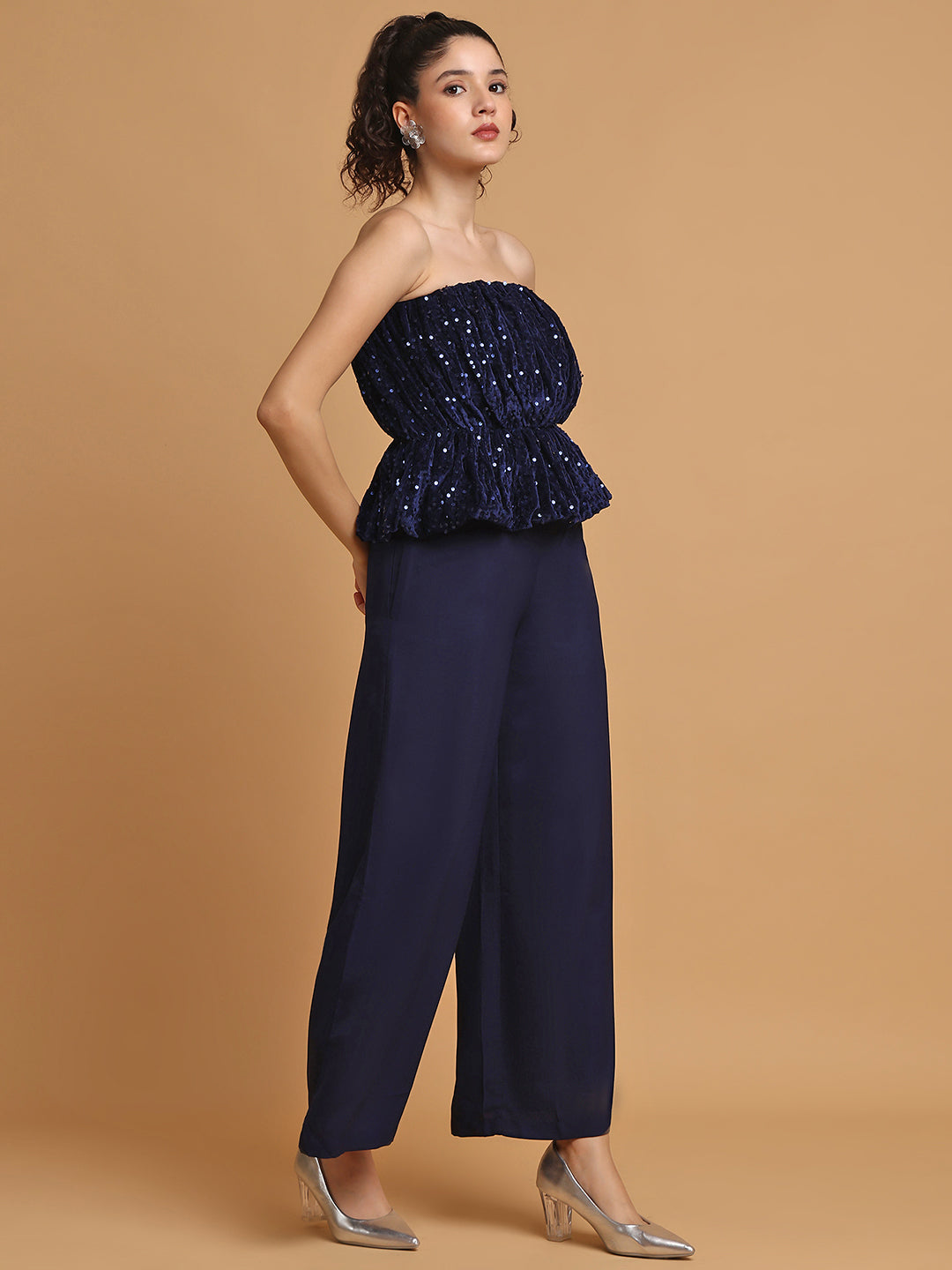 Blanc9 Women Sequinned Off-Shoulder Top With Trousers