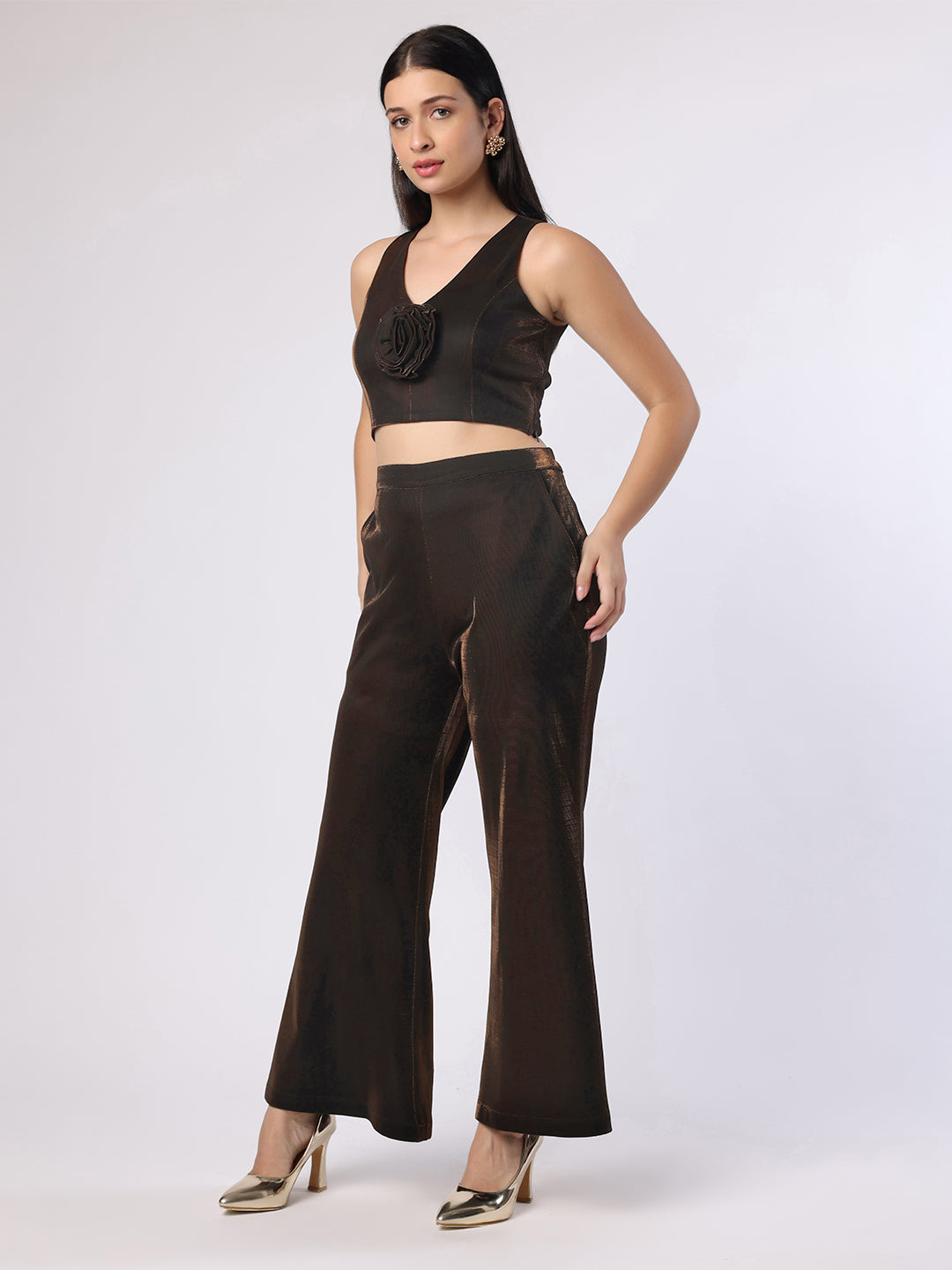 Blanc9 Women Shimmery Brown Rose Crop Top With Trouser
