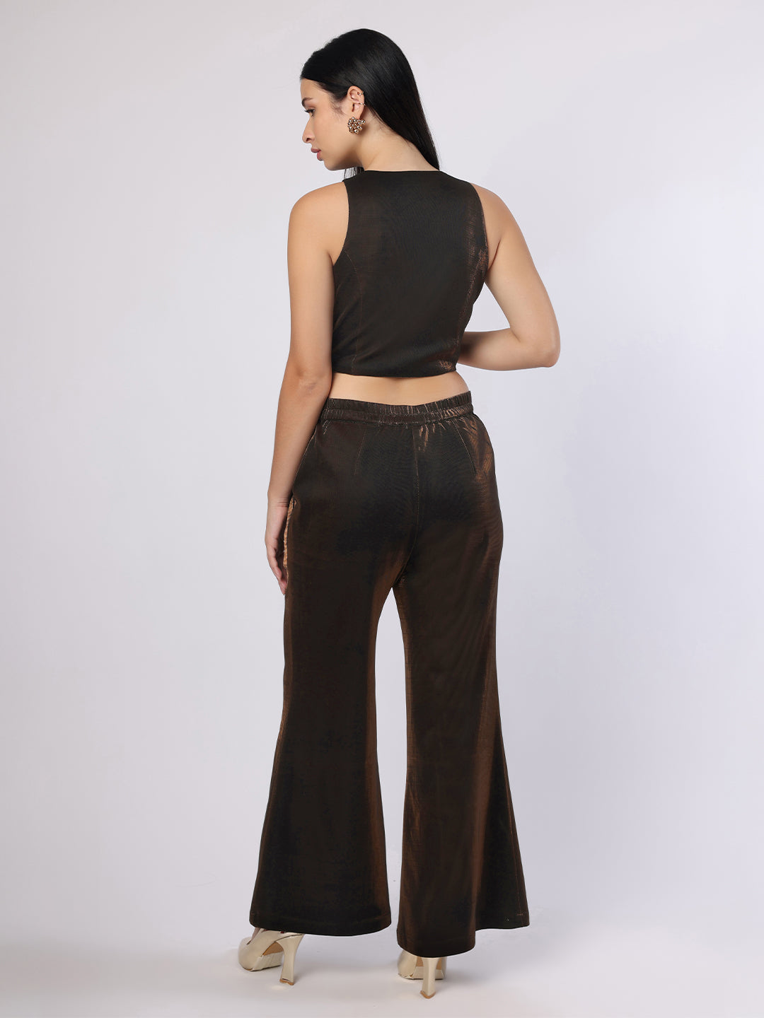 Blanc9 Women Shimmery Brown Rose Crop Top With Trouser