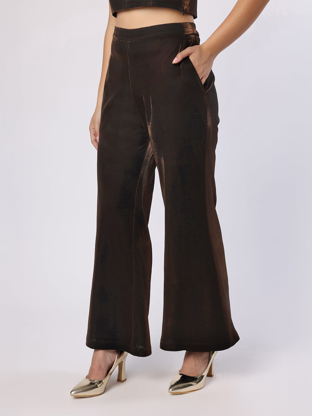 Blanc9 Women Shimmery Brown Rose Crop Top With Trouser