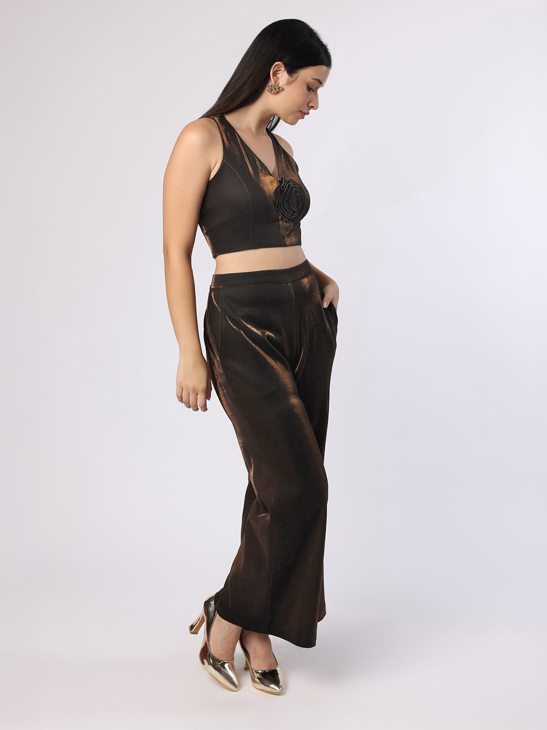 Blanc9 Women Shimmery Brown Rose Crop Top With Trouser