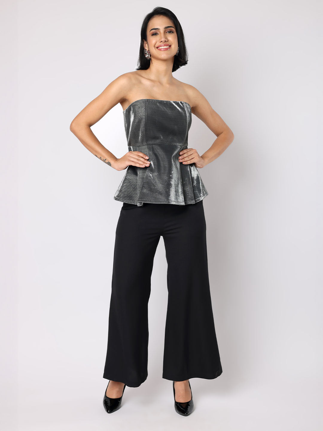 Blanc9 Women Sparkly Grey Tube Peplum Top With Trousers