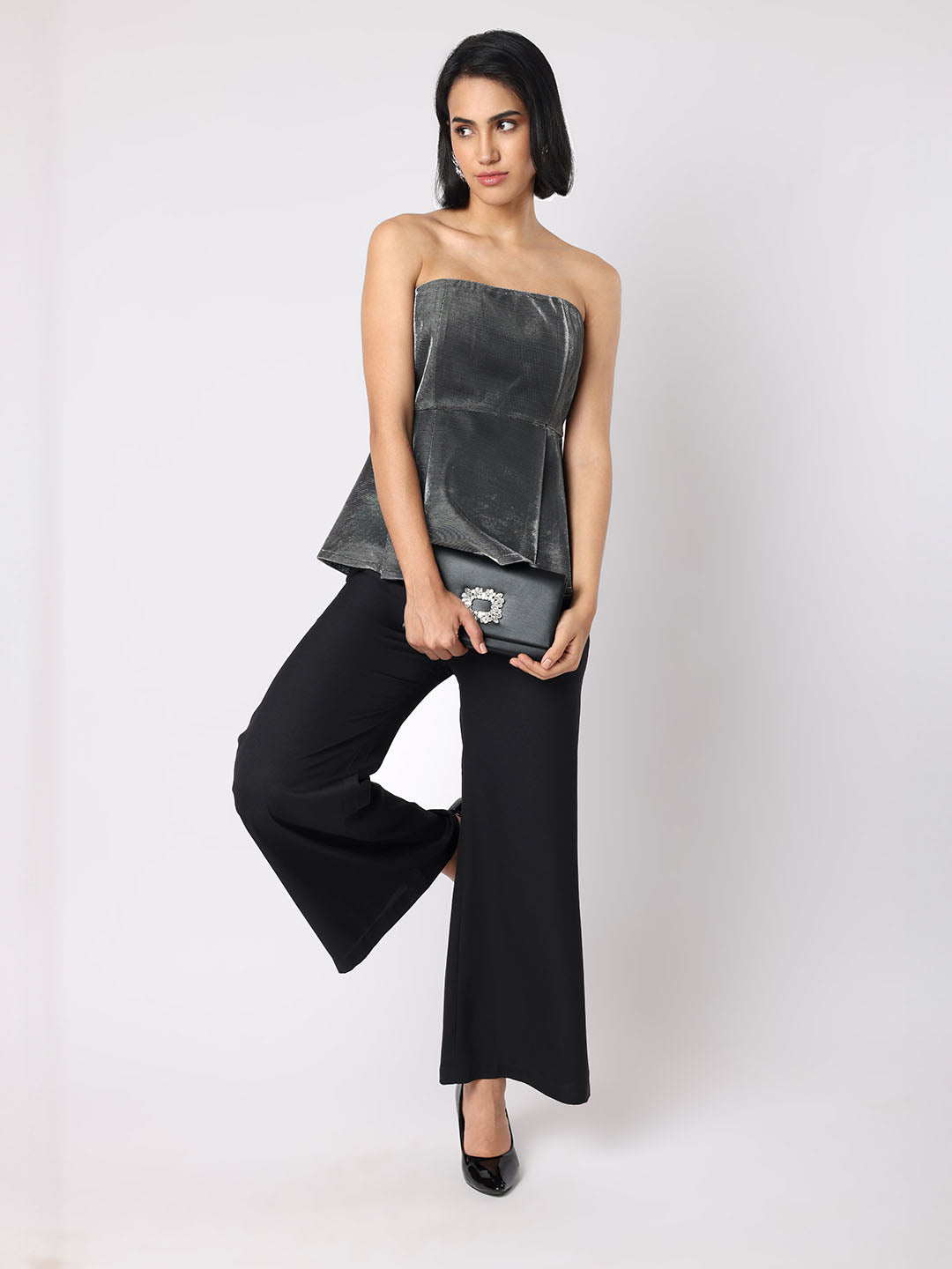 Blanc9 Women Sparkly Grey Tube Peplum Top With Trousers