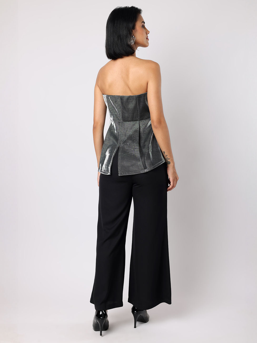 Blanc9 Women Sparkly Grey Tube Peplum Top With Trousers