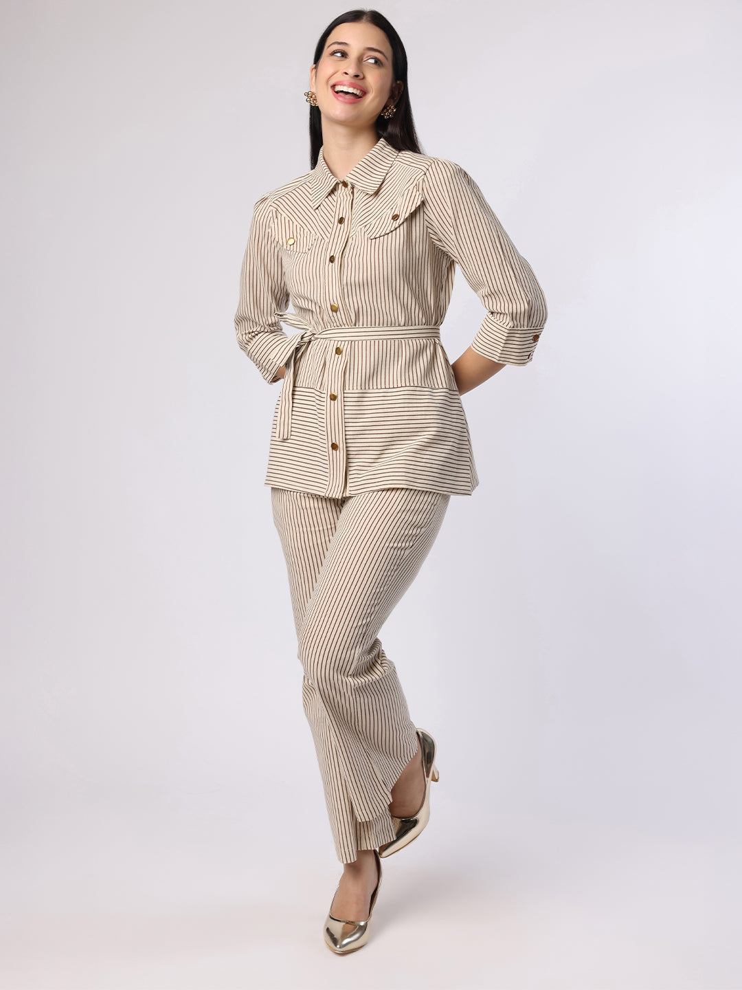 Blanc9 Women Striper Co-Ord Set With Gold Button Detail