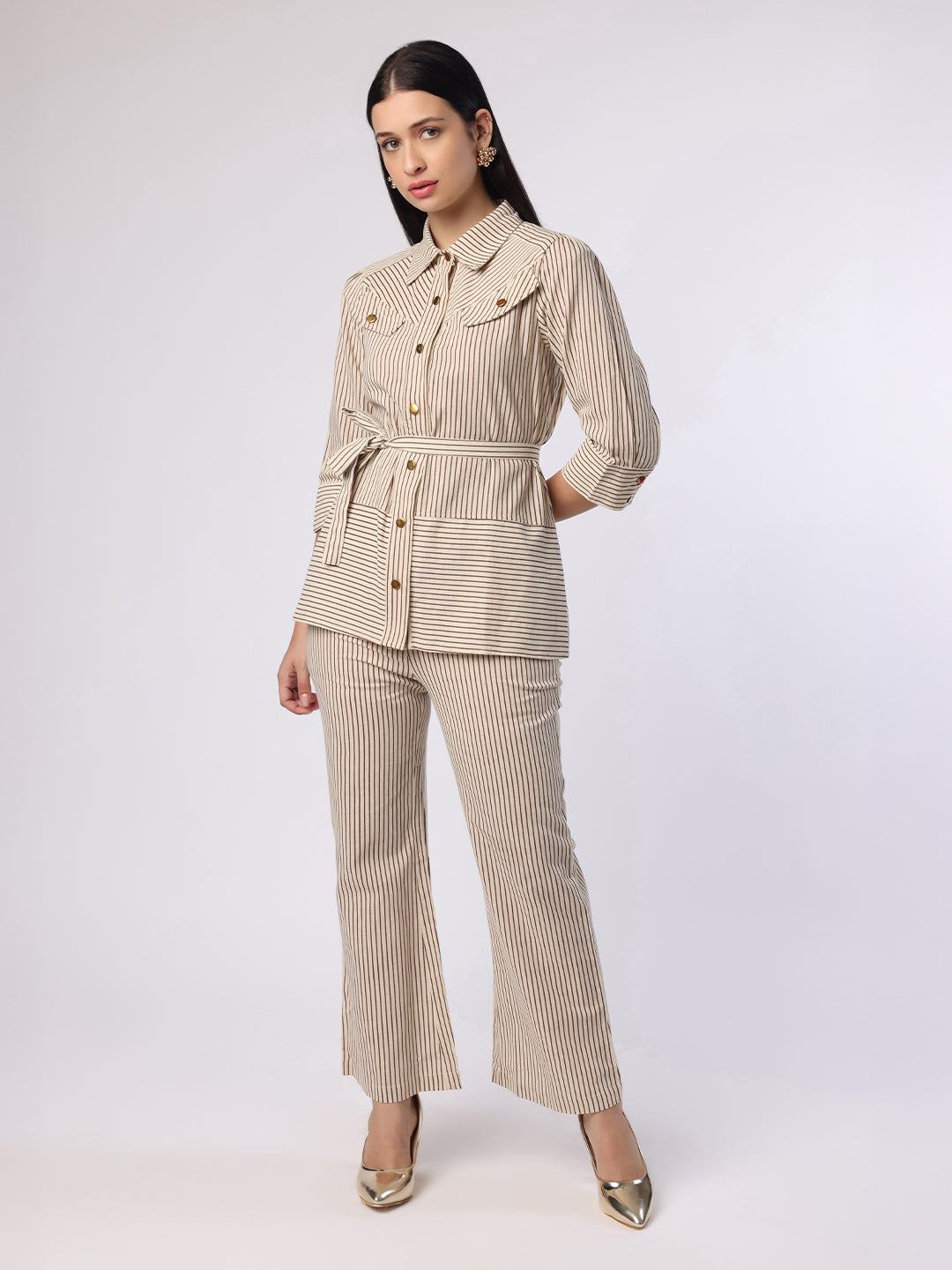 Blanc9 Women Striper Co-Ord Set With Gold Button Detail