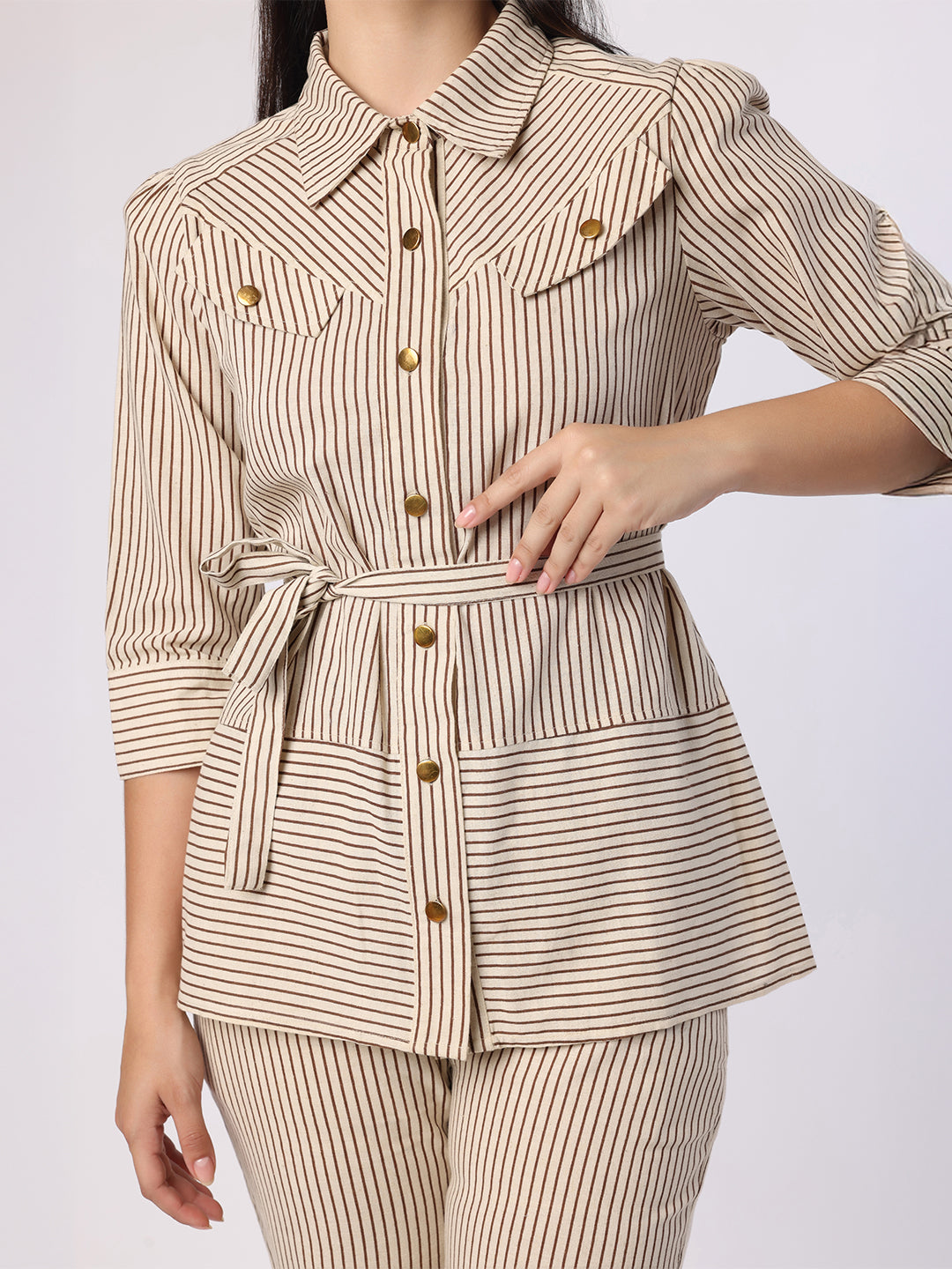Blanc9 Women Striper Co-Ord Set With Gold Button Detail