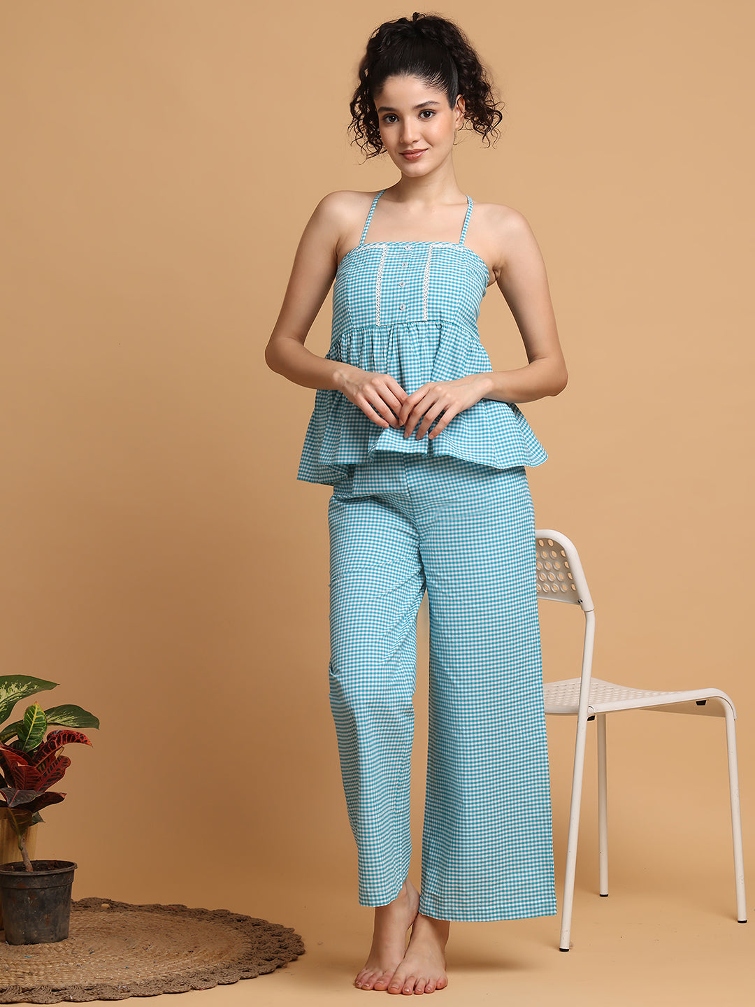 Blanc9 Women Teal Checkered Strappy Top With Pyjama