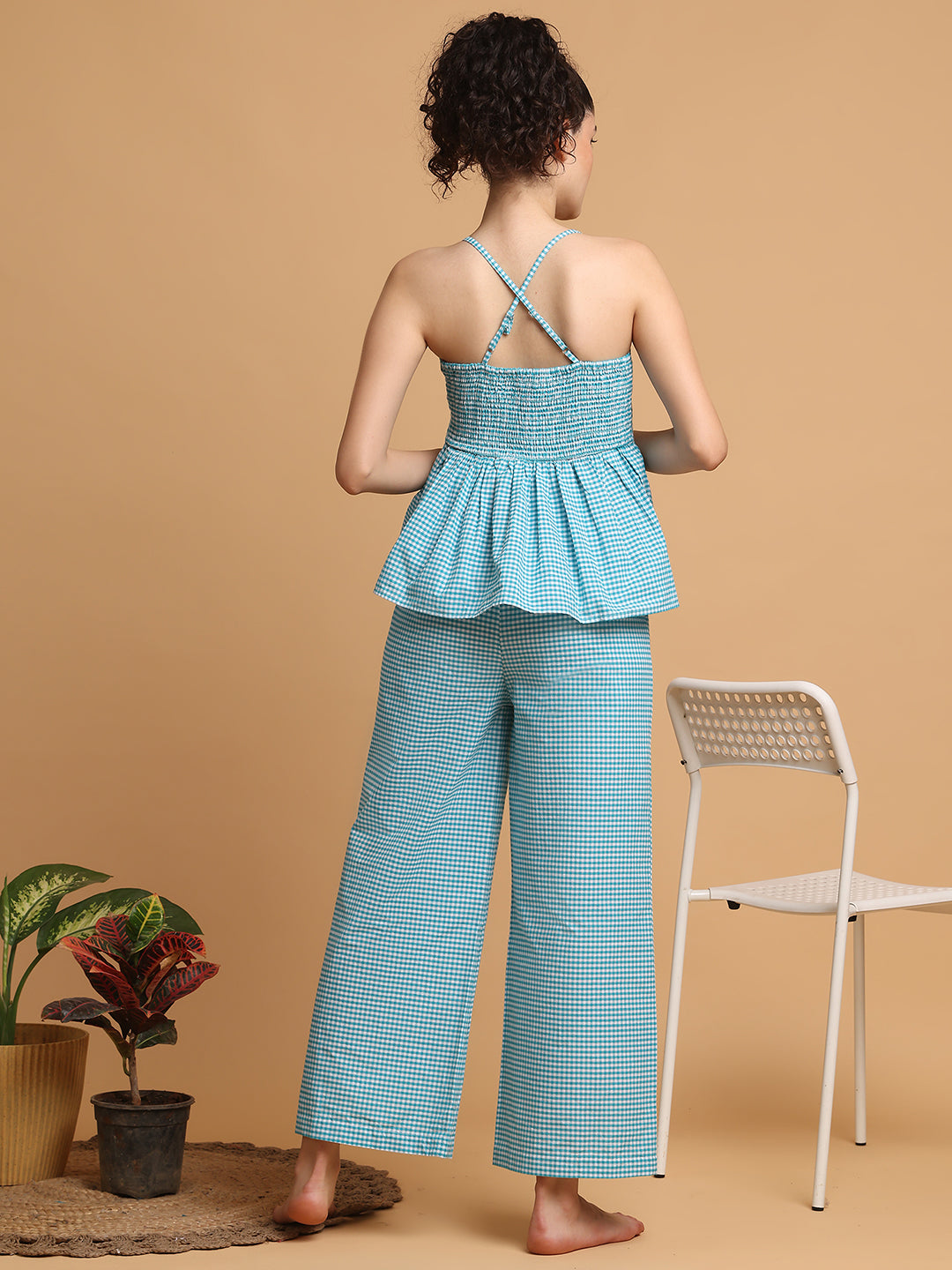 Blanc9 Women Teal Checkered Strappy Top With Pyjama