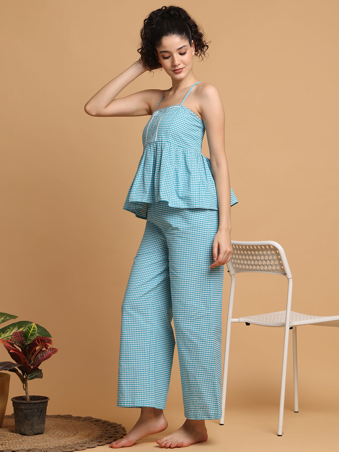 Blanc9 Women Teal Checkered Strappy Top With Pyjama