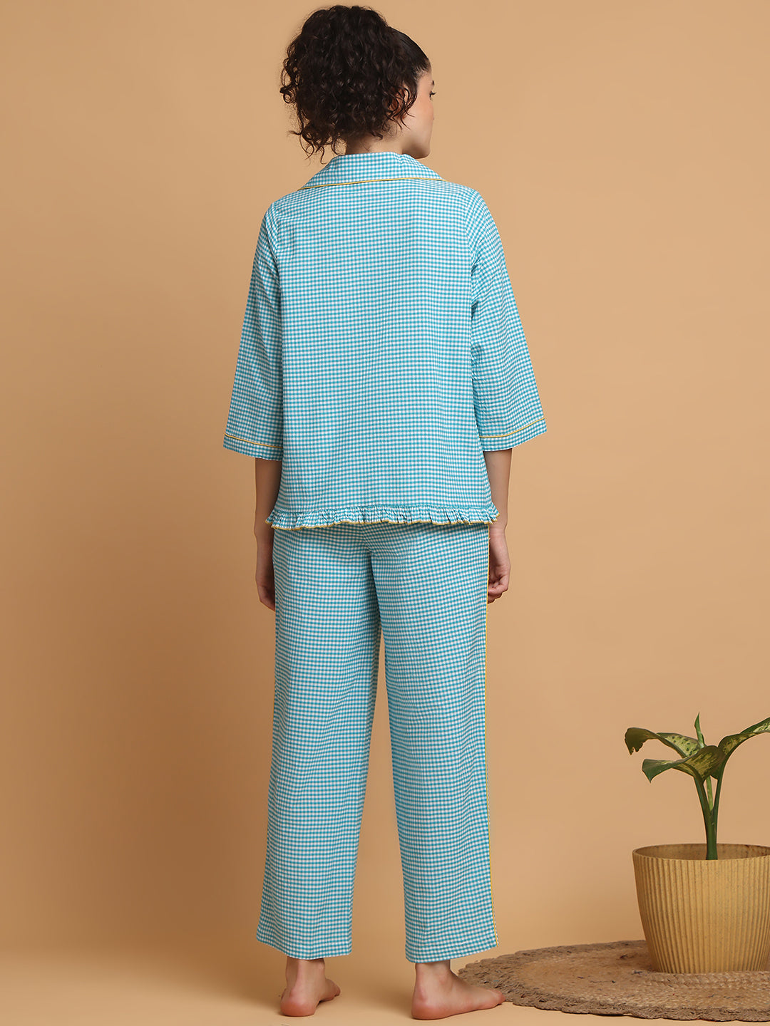 Blanc9 Women Teal & White Checkered Nightwear With Yellow Piping