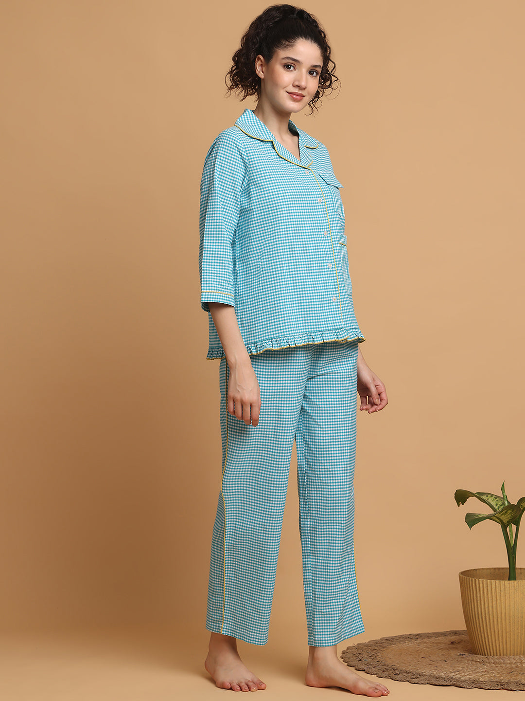 Blanc9 Women Teal & White Checkered Nightwear With Yellow Piping