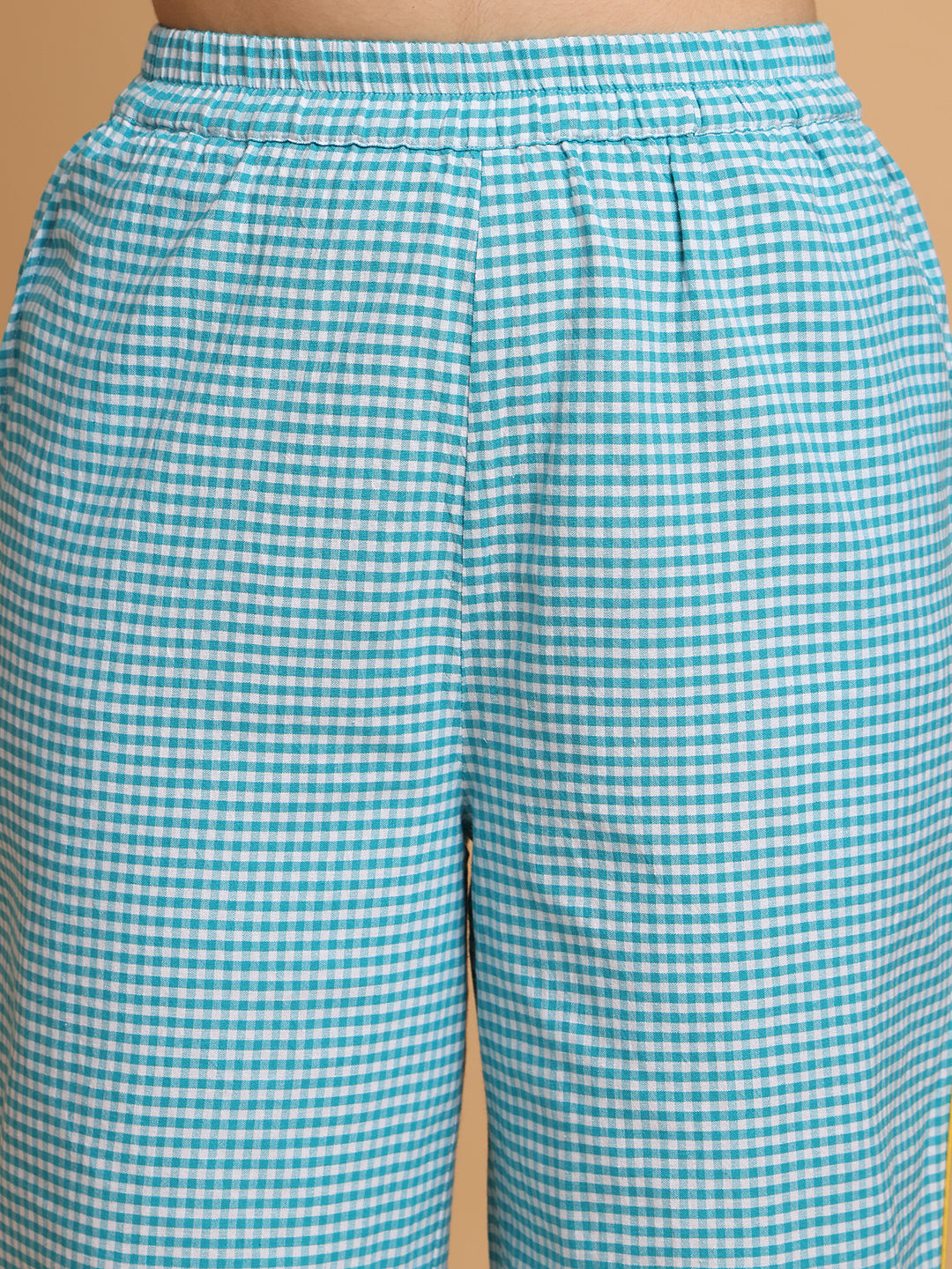 Blanc9 Women Teal & White Checkered Nightwear With Yellow Piping