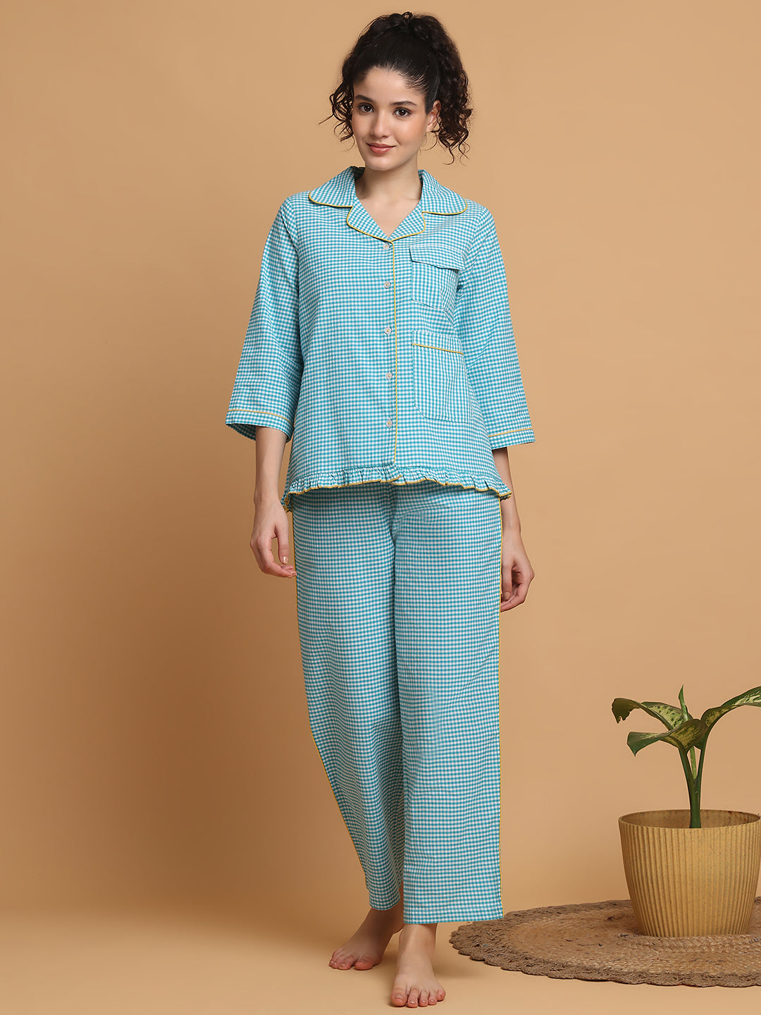 Blanc9 Women Teal & White Checkered Nightwear With Yellow Piping