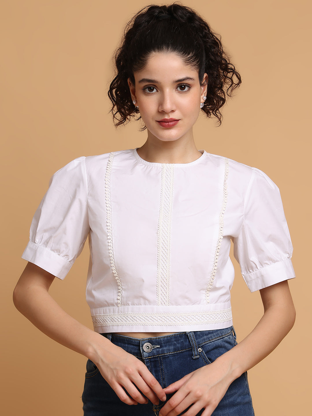 Blanc9 Women White Crop Top With White Lace