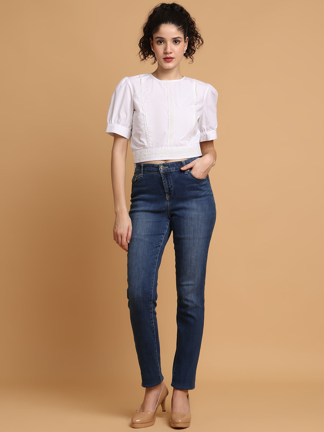 Blanc9 Women White Crop Top With White Lace