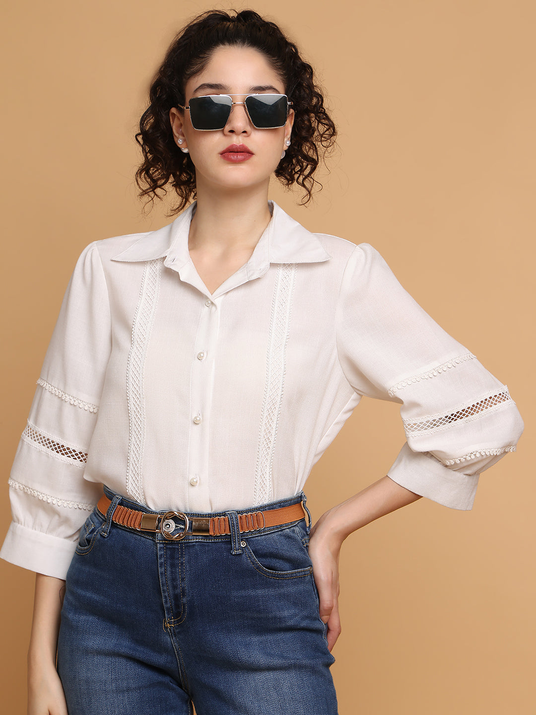 Blanc9 Women White Shirt With Lace Detail