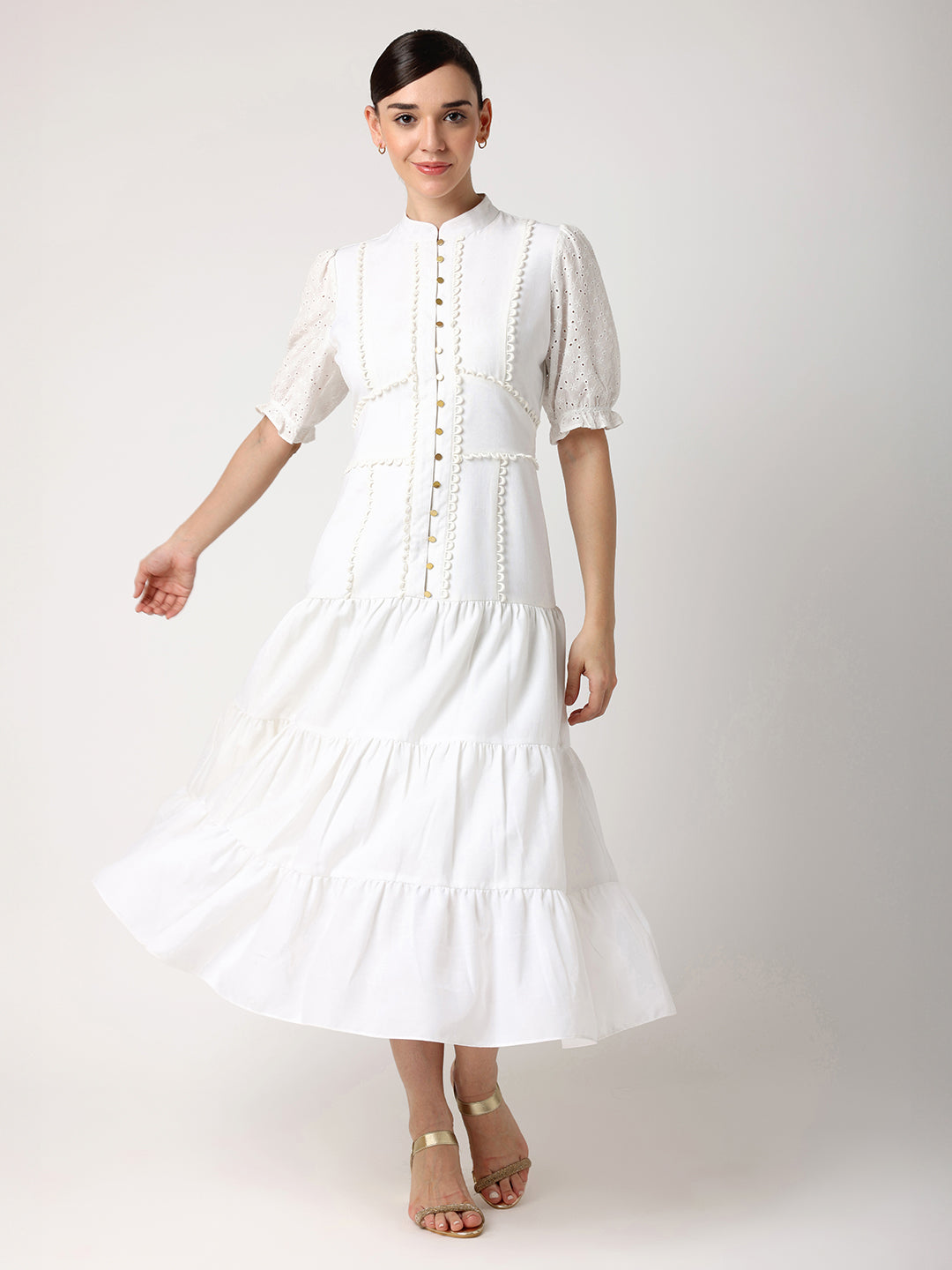 White Tiered Dress With Gold Button