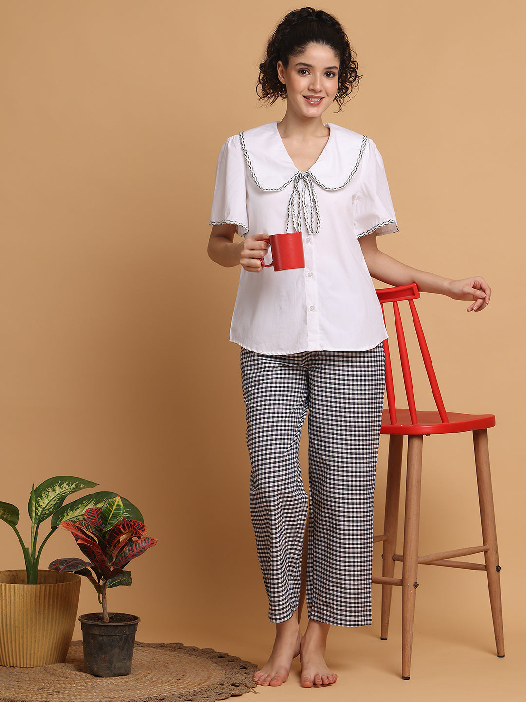 Blanc9 Women White Top With Checkered Pyjama