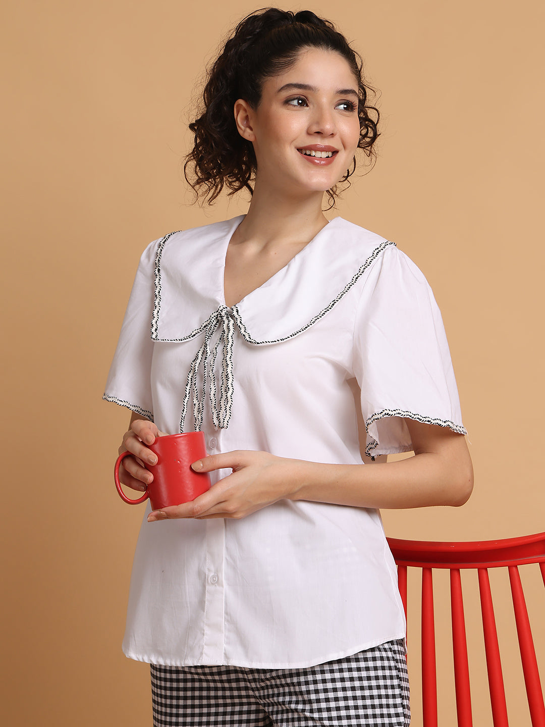 Blanc9 Women White Top With Checkered Pyjama