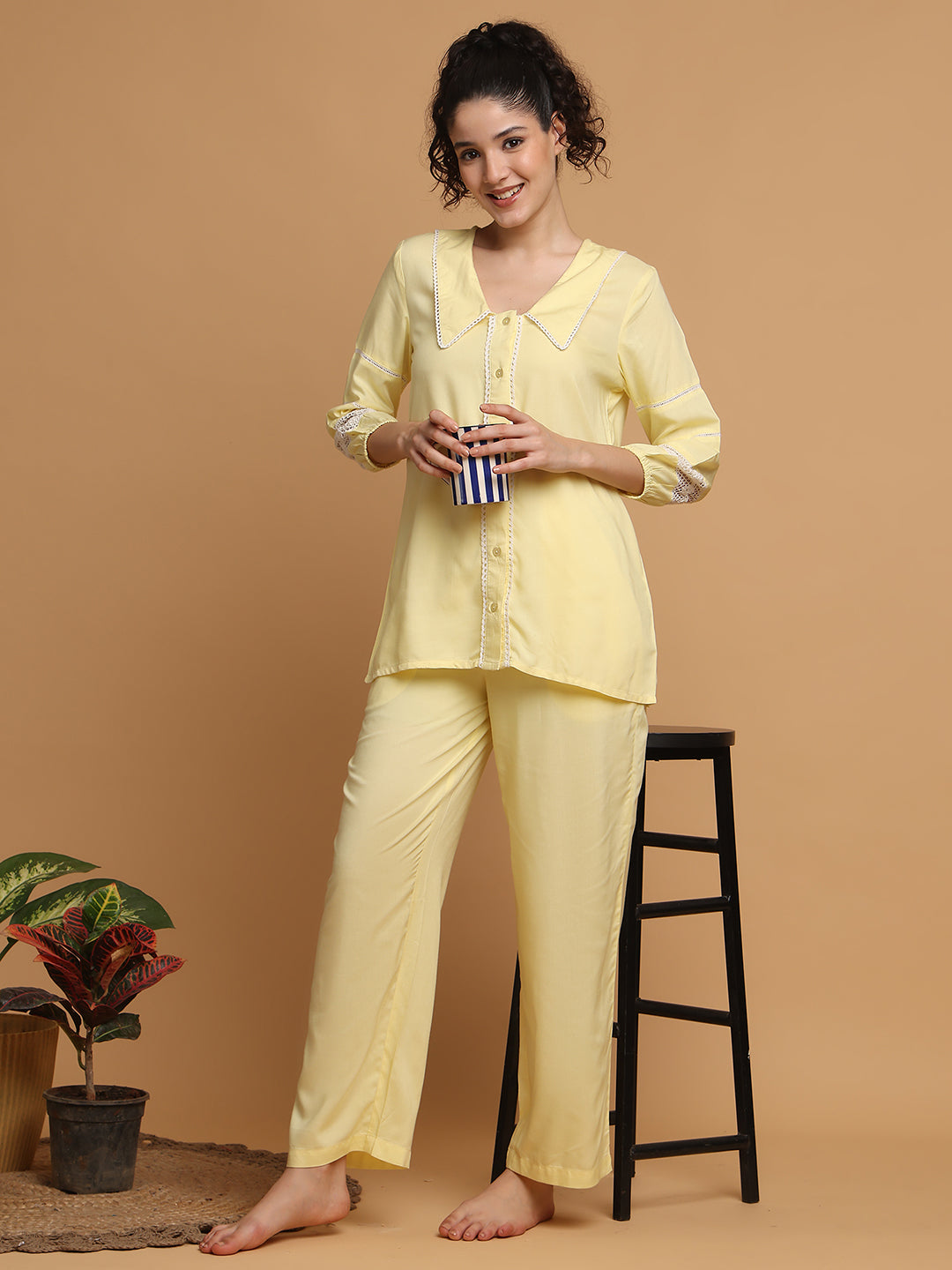Blanc9 Women Yellow Collared Nightwear With Lace Inserts In Sleeves