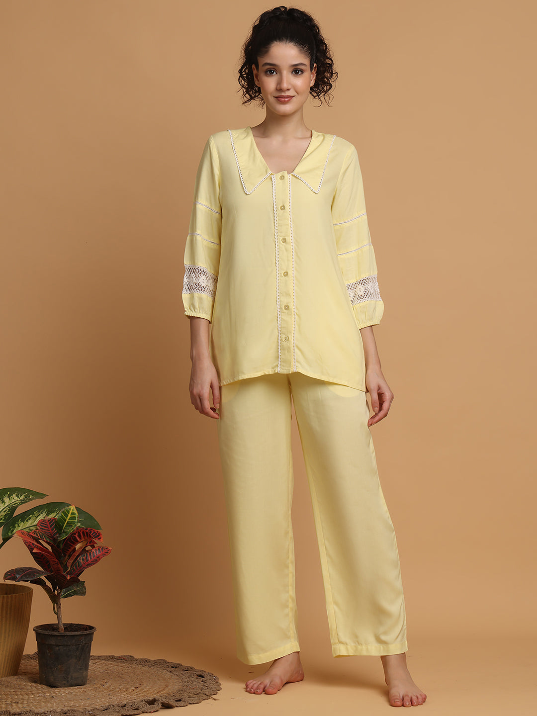Blanc9 Women Yellow Collared Nightwear With Lace Inserts In Sleeves