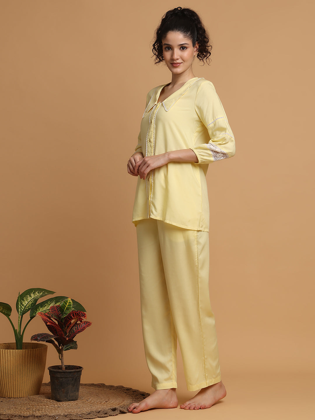 Blanc9 Women Yellow Collared Nightwear With Lace Inserts In Sleeves