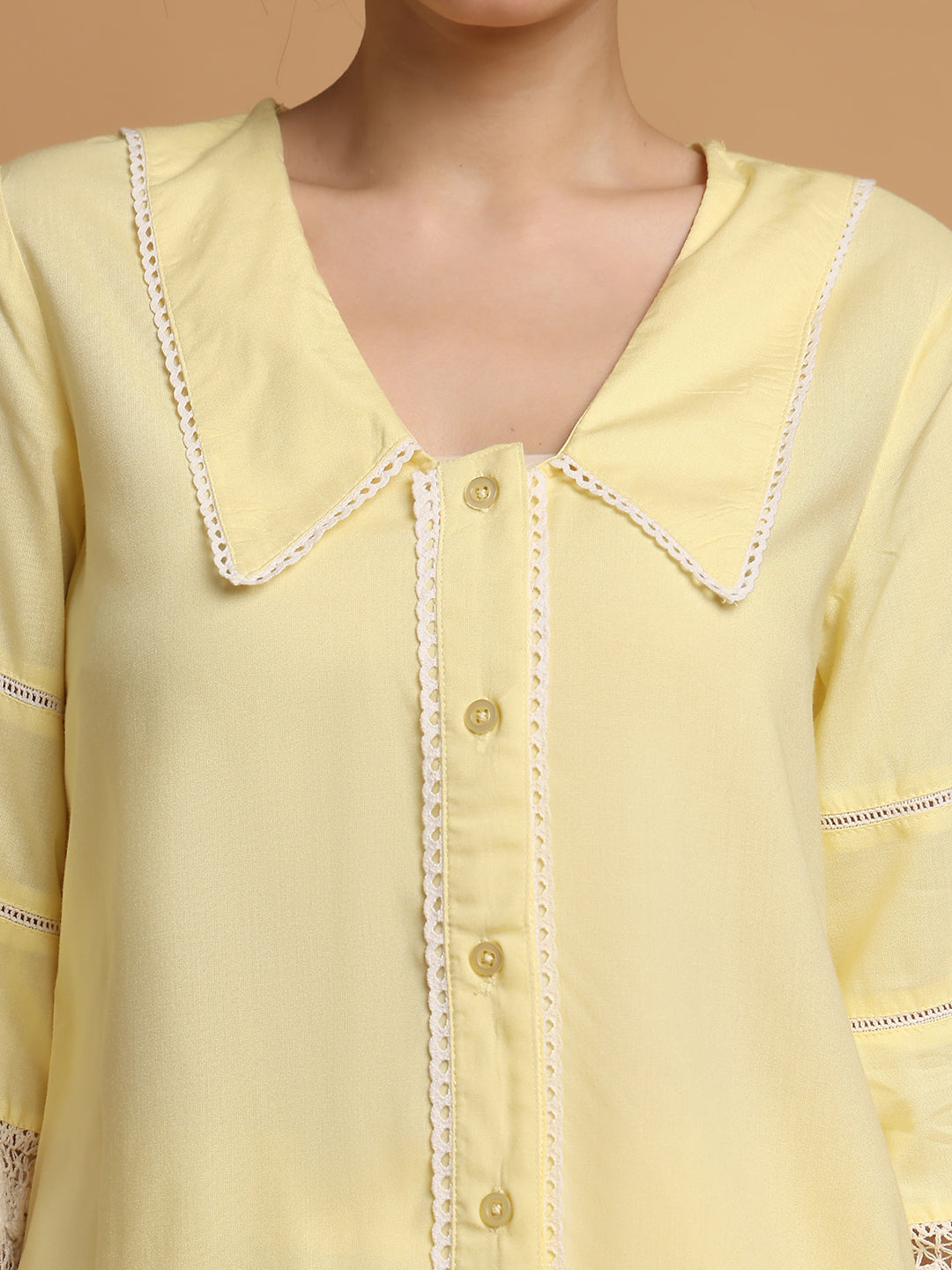 Blanc9 Women Yellow Collared Nightwear With Lace Inserts In Sleeves