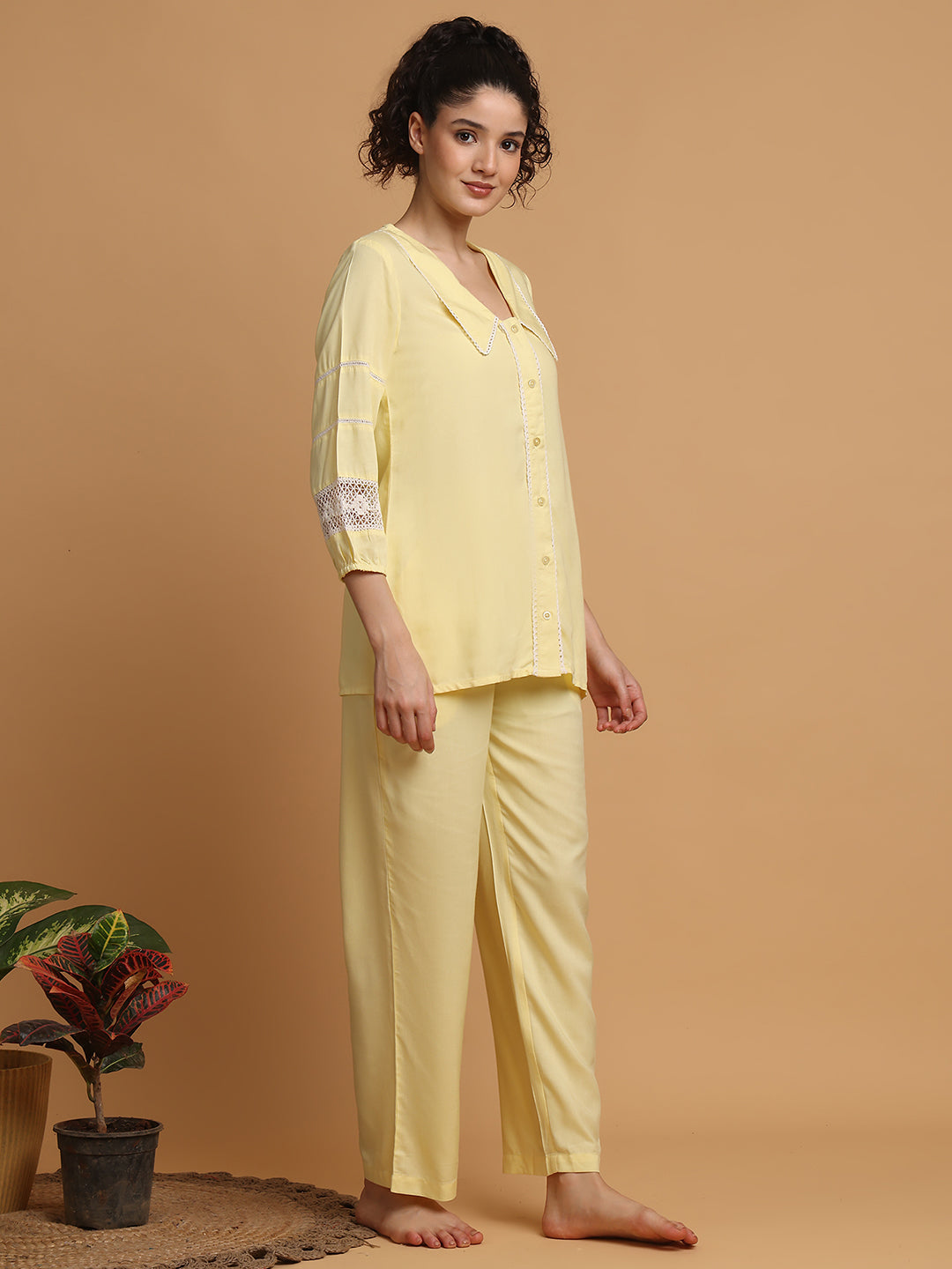 Blanc9 Women Yellow Collared Nightwear With Lace Inserts In Sleeves