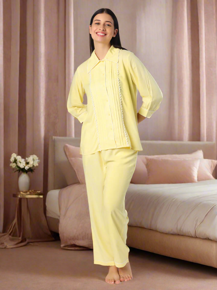 Yellow Nightwear With Contrast Piping And Lace