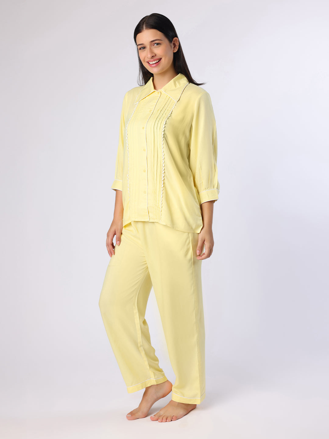 Blanc9 Women Yellow Nightwear With Contrast Piping And Lace
