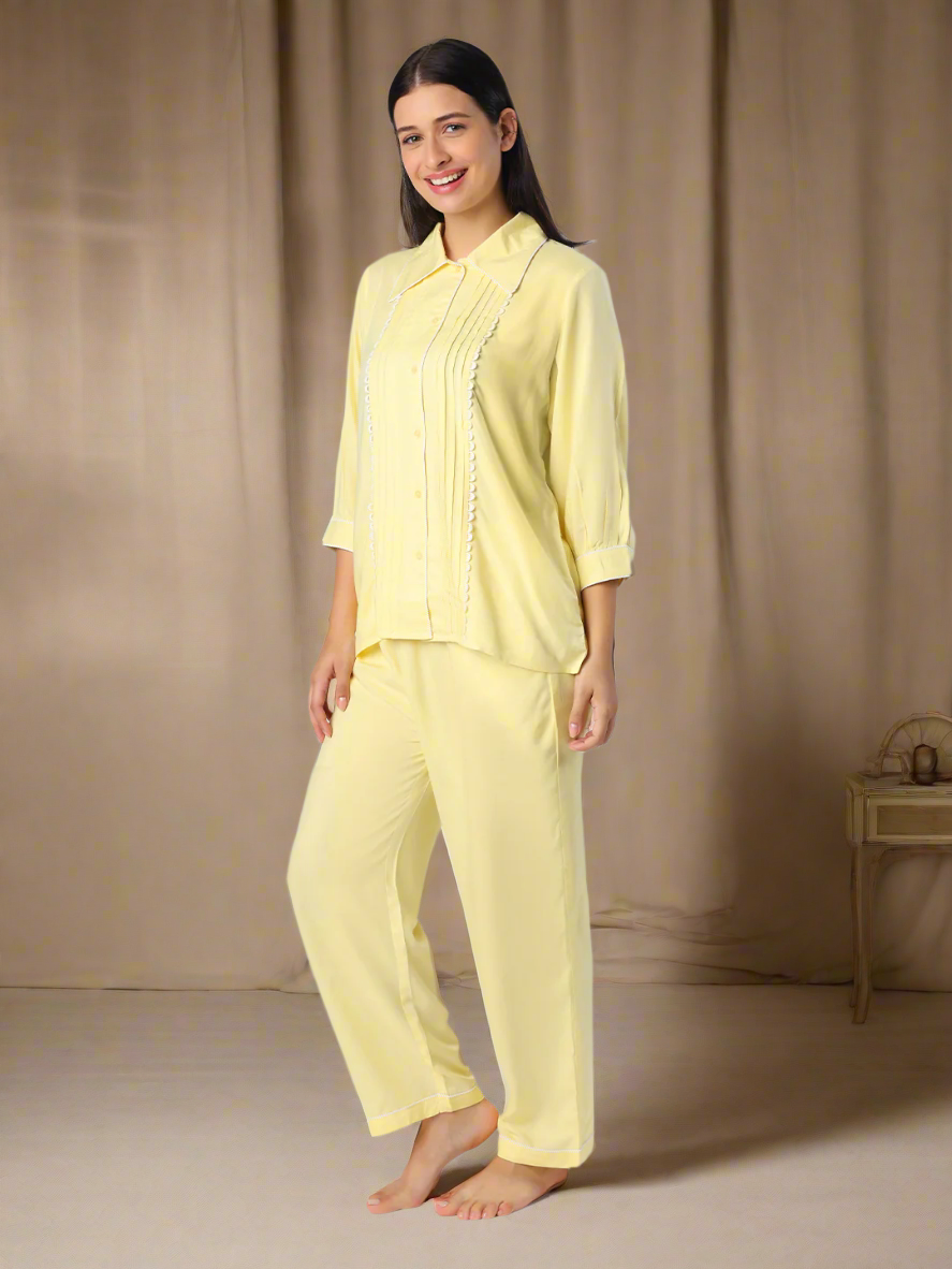 Yellow Nightwear With Contrast Piping And Lace