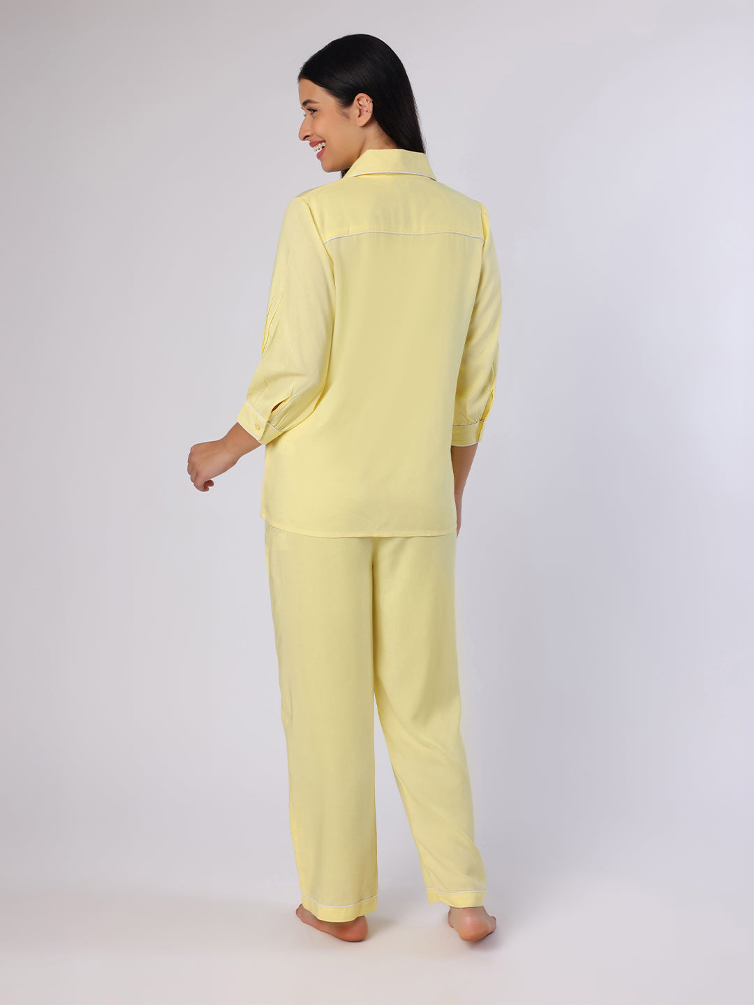 Blanc9 Women Yellow Nightwear With Contrast Piping And Lace