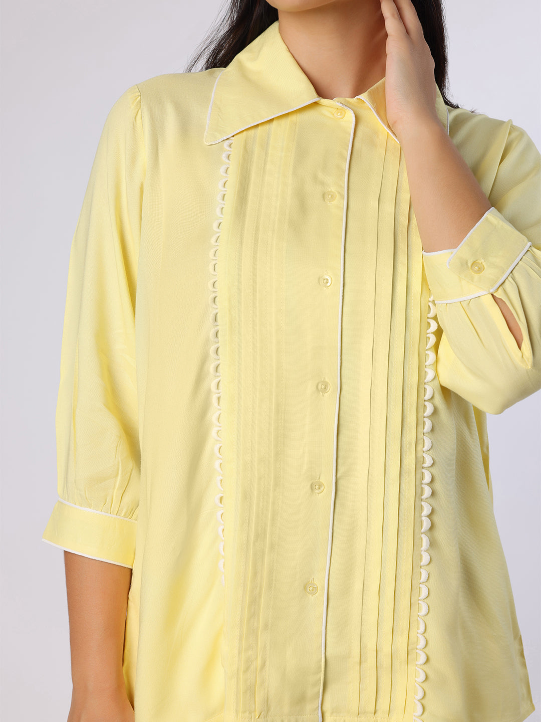 Blanc9 Women Yellow Nightwear With Contrast Piping And Lace
