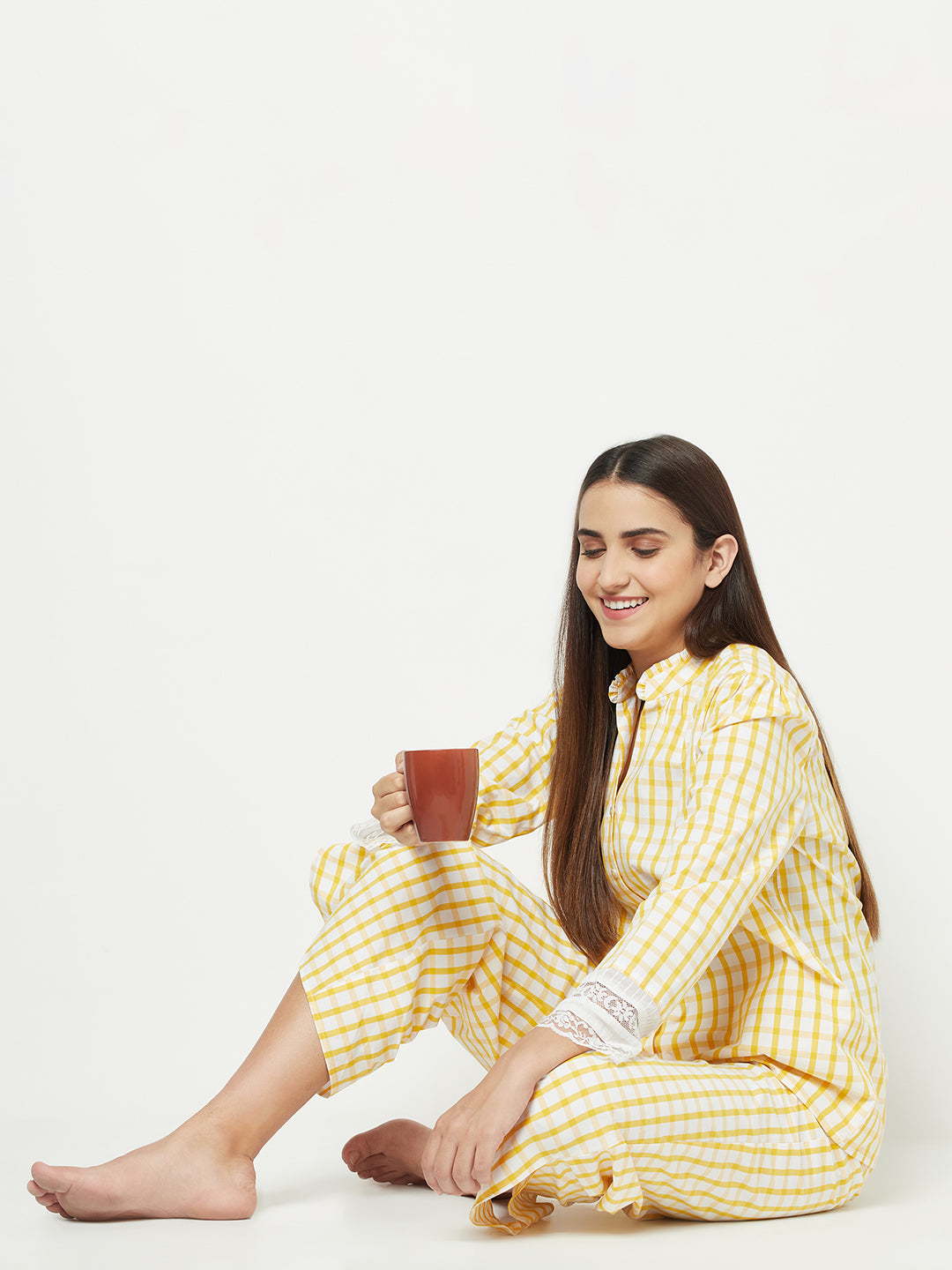 Blanc9 Yellow Checkered With Sleeve Detail Pyjama Set-B9NW26
