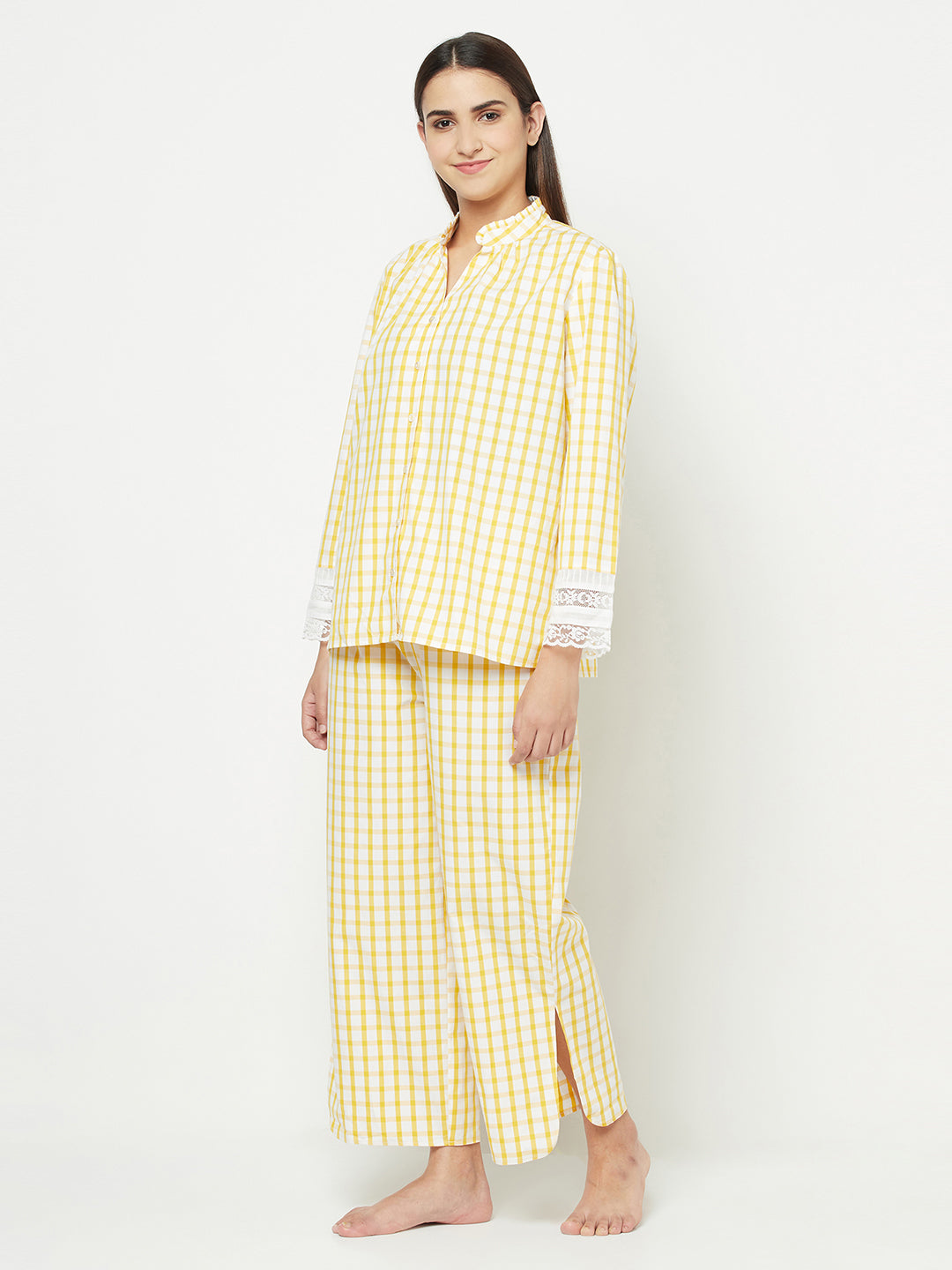Blanc9 Yellow Checkered With Sleeve Detail Pyjama Set-B9NW26