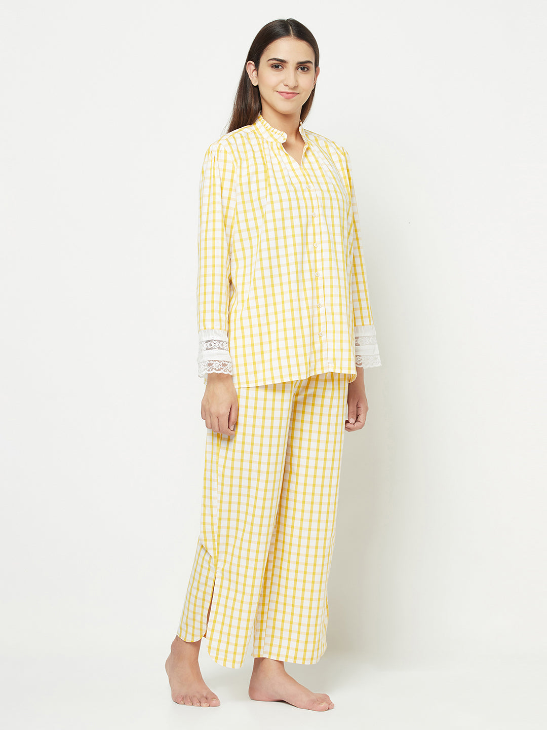 Blanc9 Yellow Checkered With Sleeve Detail Pyjama Set-B9NW26