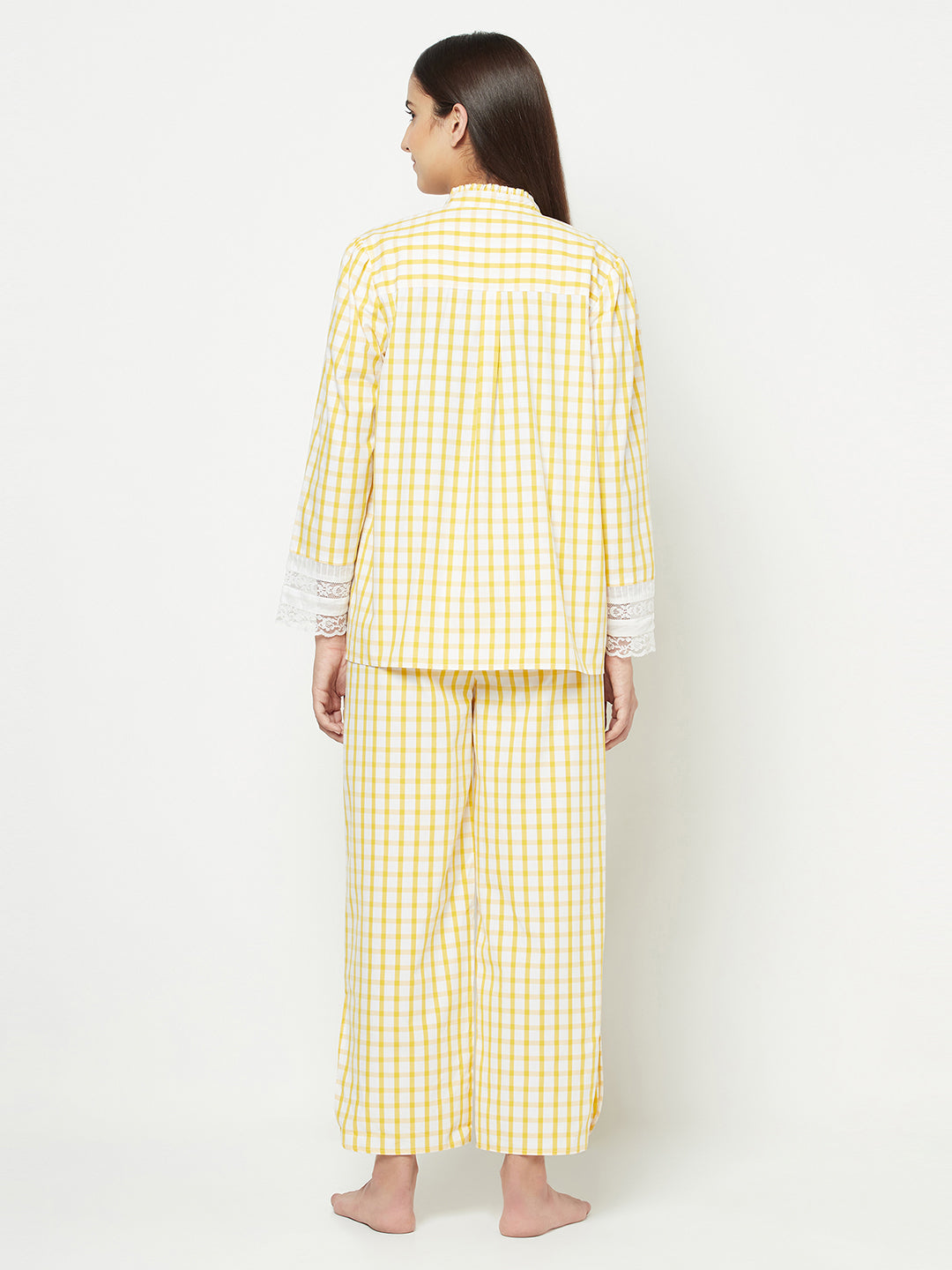 Blanc9 Yellow Checkered With Sleeve Detail Pyjama Set-B9NW26