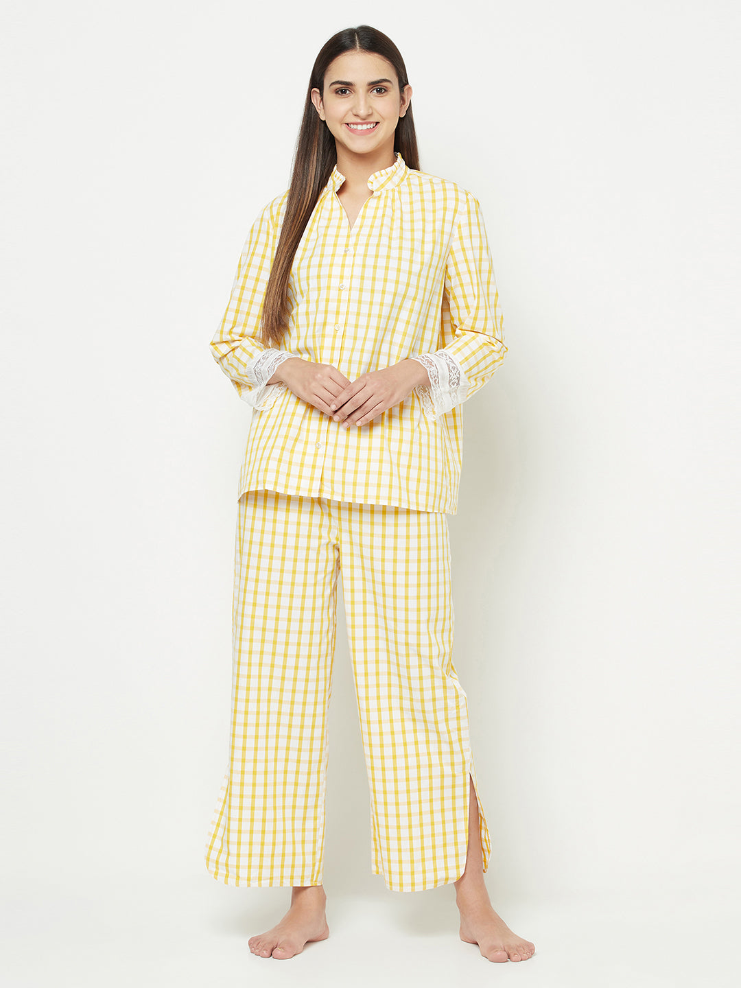 Blanc9 Yellow Checkered With Sleeve Detail Pyjama Set-B9NW26